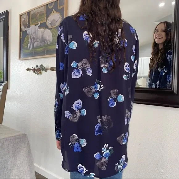 Thakoon Floral Print Round Neck Long Sleeve Pullover Sweatshirt Blue Combo Large - Picture 4 of 9